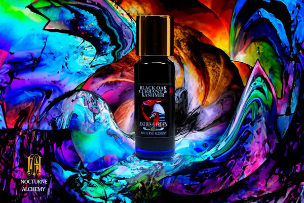 Black Oak Currant & Kashmir 5ml Slender Blue bottle with insert dropper and shiny gold screw lid.