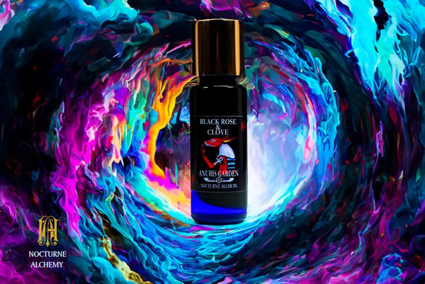 Black Rose & Clove 5ml Slender Blue bottle with insert dropper and shiny gold screw lid.