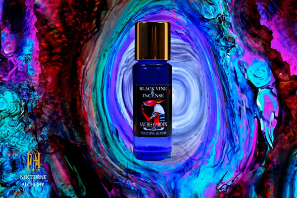 Black Vine & Incense 5ml Slender Blue bottle with insert dropper and shiny gold screw lid.