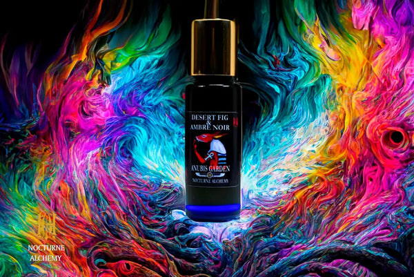 Desert Fig & Ambre Noir 5ml Slender Blue bottle with insert dropper and shiny gold screw lid.