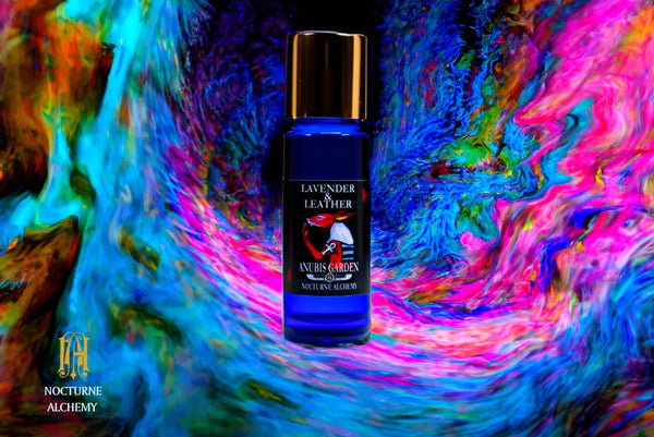 Lavender & Leather 5ml Slender Blue bottle with insert dropper and shiny gold screw lid.