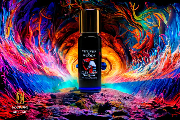 Vetiver & Woods 5ml Slender Blue bottle with insert dropper and shiny gold screw lid.