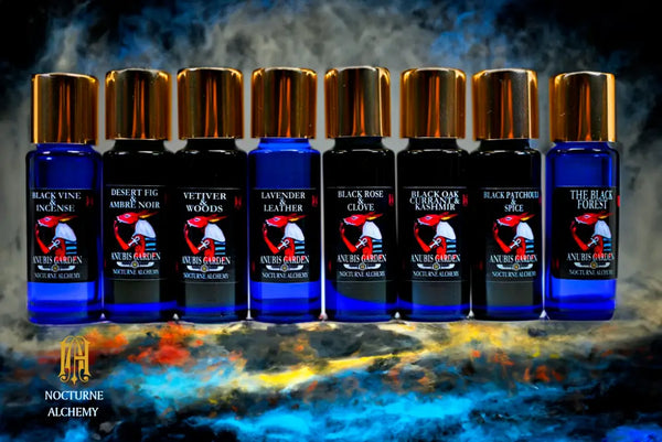 Group photo of Anubis Garden perfume in Slender Blue Bottle with Gold lid