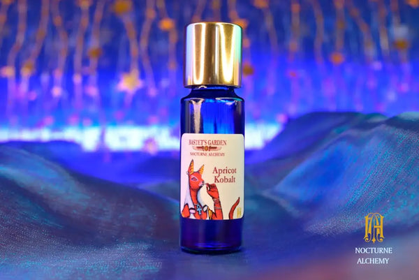 5ml PC Bastet's Garden Slender Blue bottle with flat insert/dropper/orifice with golden twist lid