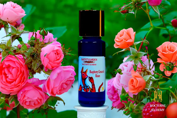 Raspberry Cream & Roses  5ml Slender Blue bottle with insert dropper and shiny gold screw lid.