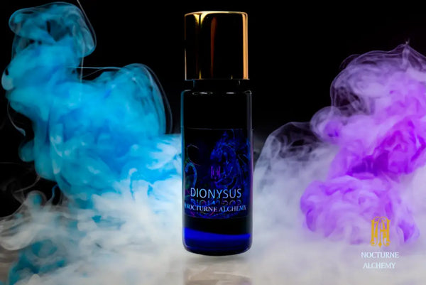 Dionysus Dragon in 5ml Slender Blue Bottle with gold-toned screw lid and orifice reducer insert