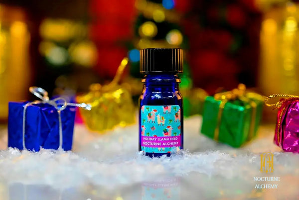 Holiday Llama Herd - 5ml cobalt blue bottle no insert, phenolic screw lid.  