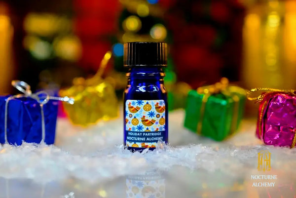 Holiday Partridge - 5ml cobalt blue bottle no insert, phenolic screw lid.  