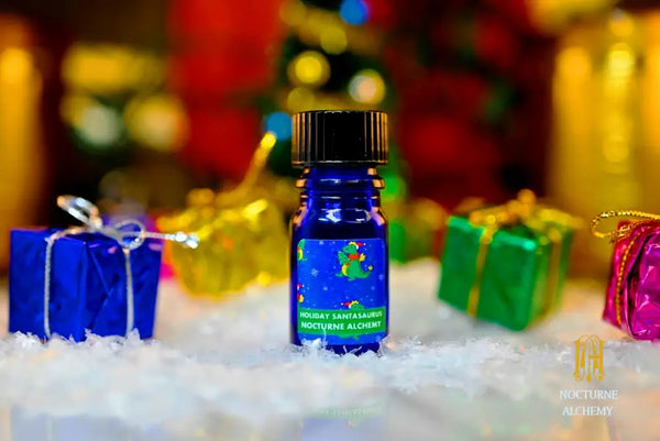 Holiday Santasaurus - 5ml cobalt blue bottle no insert, phenolic screw lid.  