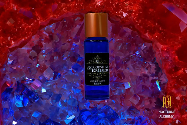 5ml Slender Blue bottle with copper lid and dropper insert. Precisely 5ml.  Bloodstone/Ember