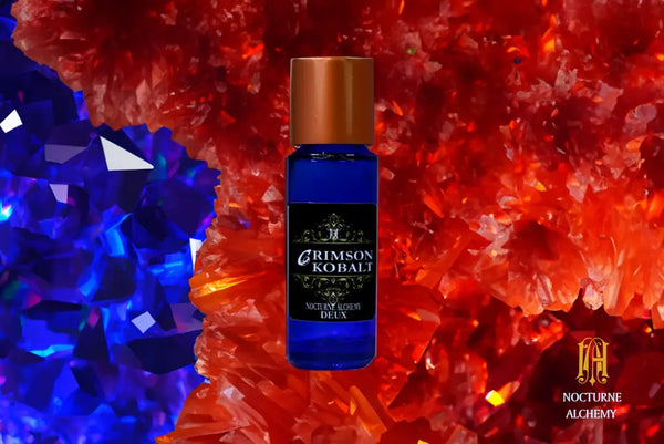 5ml Slender Blue bottle with copper lid and dropper insert. Precisely 5ml. Crimson/Kobalt