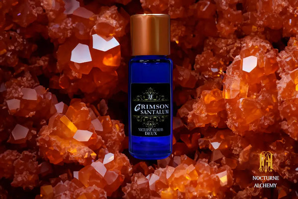 5ml Slender Blue bottle with copper lid and dropper insert. Precisely 5ml.  Crimson/Santalum