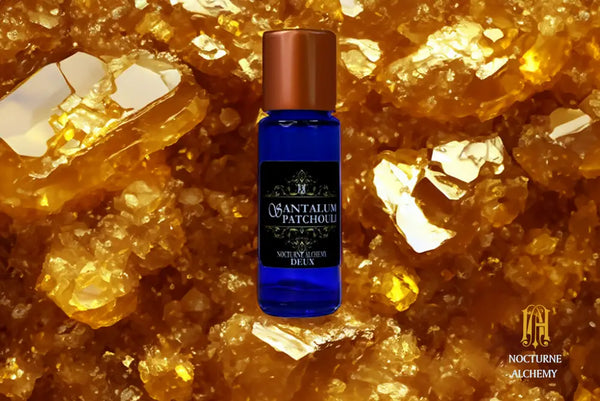 5ml Slender Blue bottle with copper lid and dropper insert. Precisely 5ml.  Santalum/Patchouli