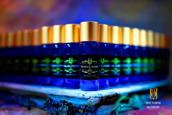 Ombre Group photo in new Slender Blue bottle with gold matte lid and insert dropper