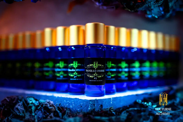 Ombre Group photo in new Slender Blue bottle with gold matte lid and insert dropper