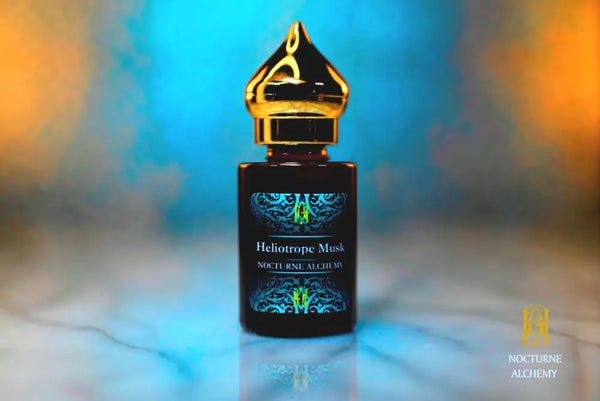 6ml amber cylindrical bottle with gold-toned domed lid and insert.  Heliotrope Musk