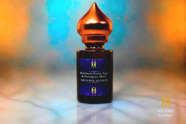 6ml amber cylindrical bottle with matte copper-toned domed lid and insert.  Himalayan Cedar, Sage & Sweetgrass Musk