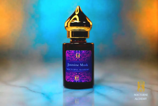 6ml amber cylindrical bottle with gold-toned domed lid and insert.  Jasmine Musk