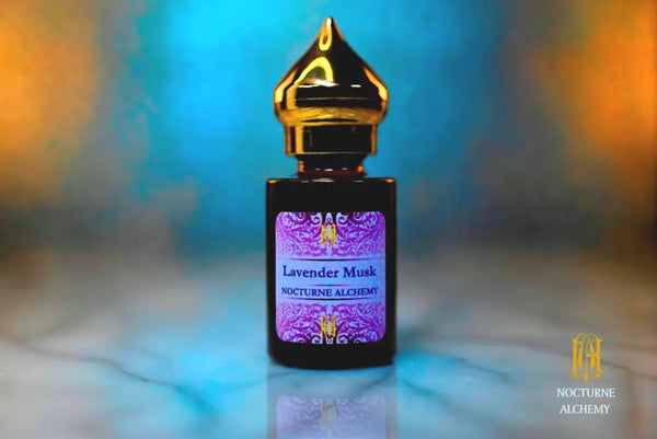 6ml amber cylindrical bottle with gold-toned domed lid and insert.  Lavender Musk