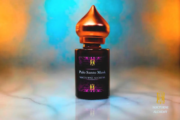 6ml amber cylindrical bottle with matte copper-toned domed lid and insert.  Palo Santo Musk