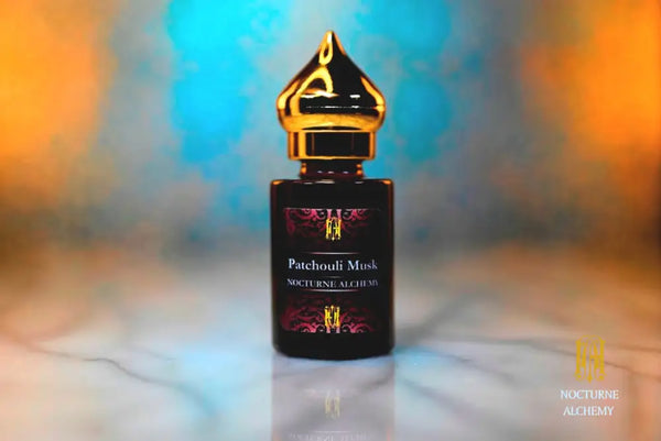 6ml amber cylindrical bottle with gold-toned domed lid and insert.  Patchouli Musk