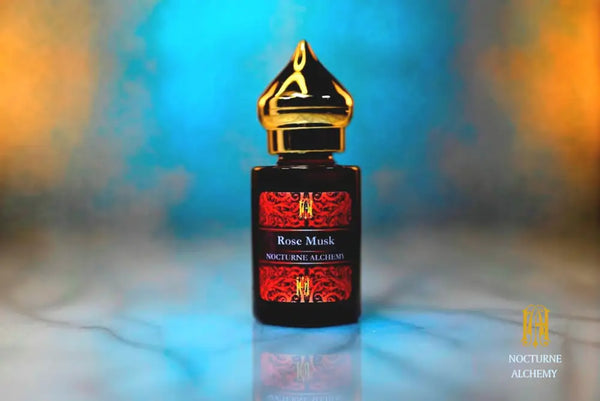 6ml amber cylindrical bottle with gold-toned domed lid and insert.  Rose Musk