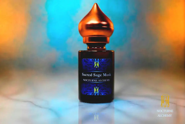 6ml amber cylindrical bottle with matte copper-toned domed lid and insert.  Sacred Sage Musk