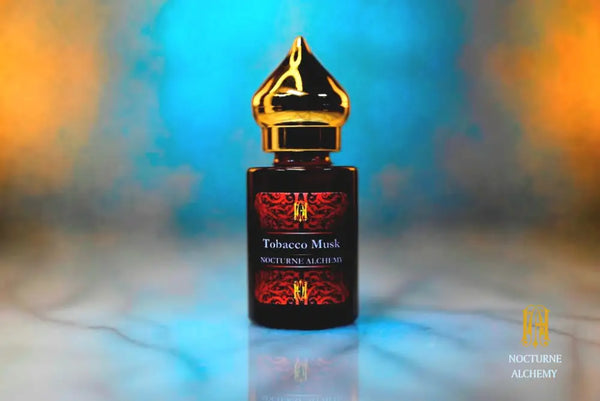 6ml amber cylindrical bottle with gold-toned domed lid and insert.  Tobacco Musk
