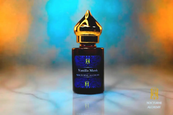 6ml amber cylindrical bottle with gold-toned domed lid and insert.  Vanilla Musk