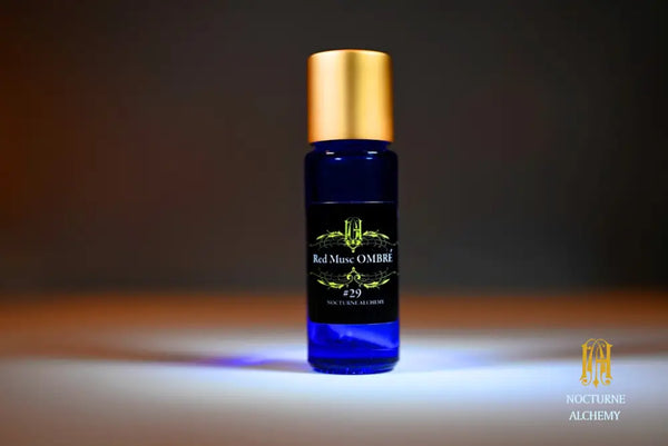 #29 Red Musc Ombre 5ml Slender Blue Bottle with insert dropper and matte gold twist lid