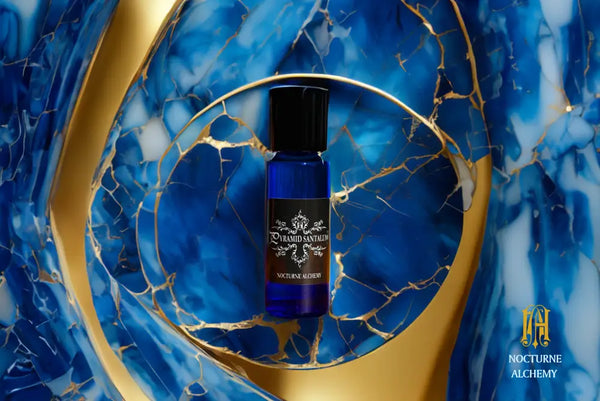 5ml Slender Blue bottle with insert dropper and black screw lid. Pyramid Santalum