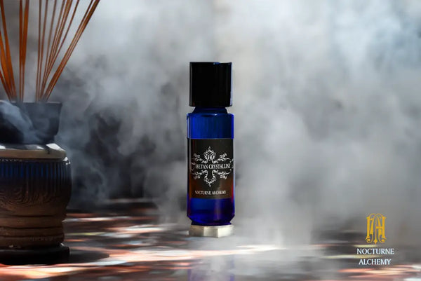 5ml Slender Blue bottle with insert dropper and black screw lid. Tibetan Crystalline