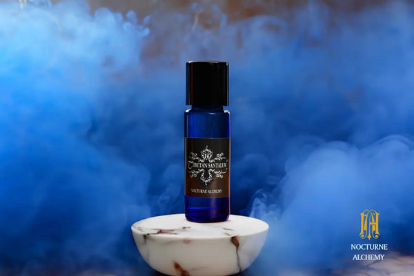 5ml Slender Blue bottle with insert dropper and black screw lid. TIbetan Santalum