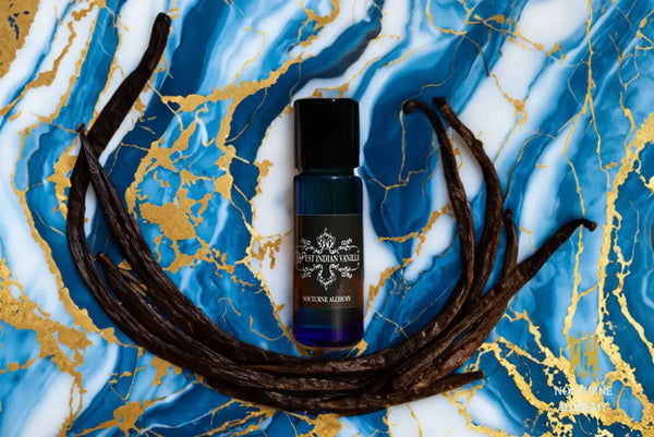 5ml Slender Blue bottle with insert dropper and black screw lid. West Indian Vanilla